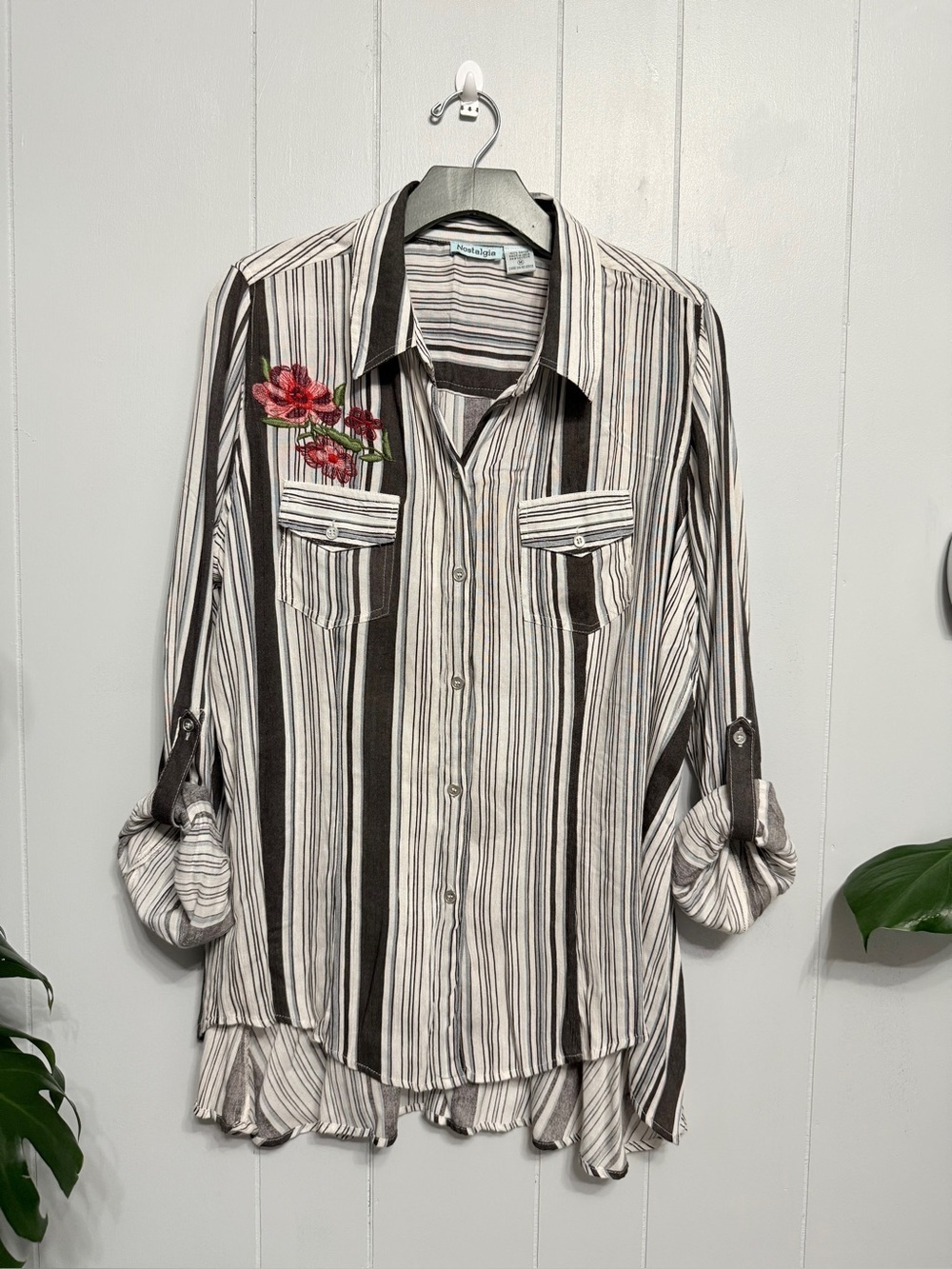 #18)  Nostalgia Black-and-Cream Striped Button-Up  with embroidered